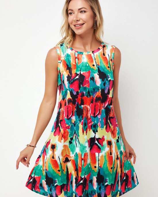 Printed Round Neck A Line Dress