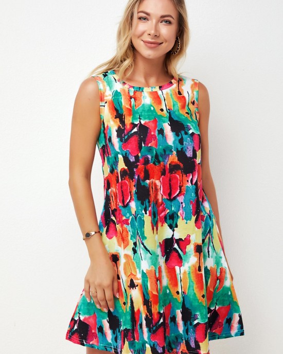 Printed Round Neck A Line Dress