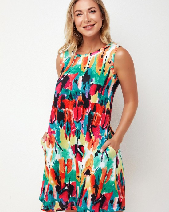 Printed Round Neck A Line Dress