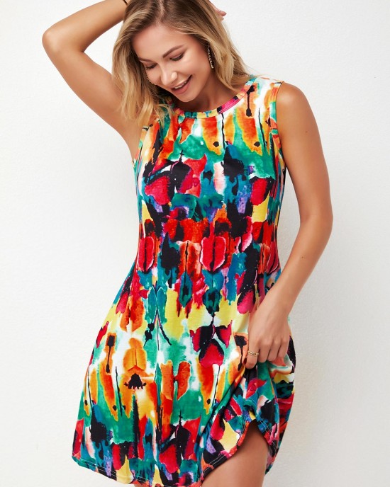 Printed Round Neck A Line Dress