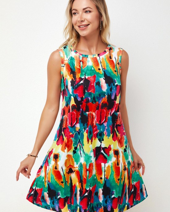 Printed Round Neck A Line Dress