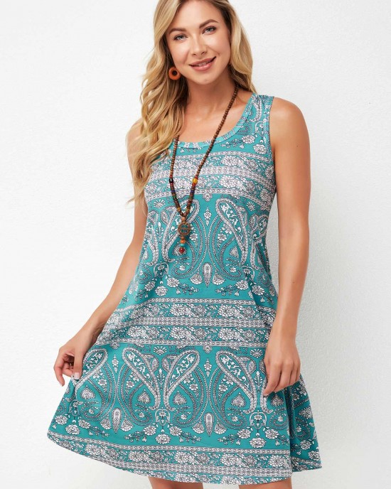 Printed Round Neck A Line Dress