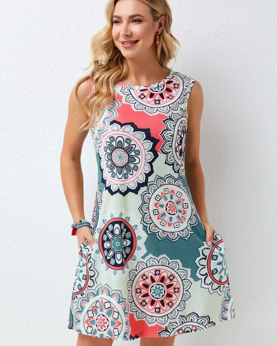 Printed Round Neck A Line Dress