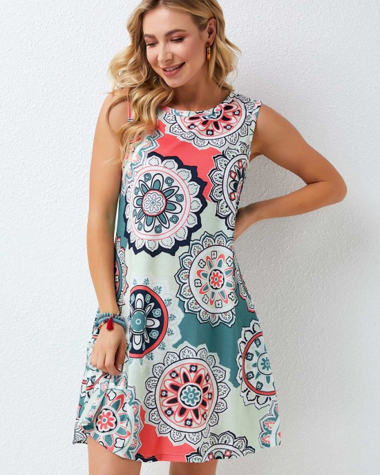 Printed Round Neck A Line Dress