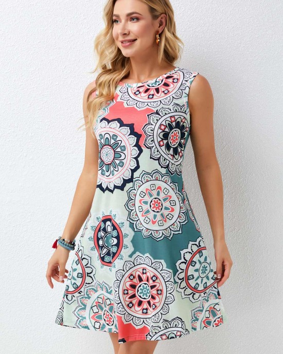 Printed Round Neck A Line Dress