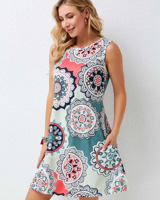 Printed Round Neck A Line Dress