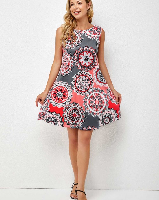 Printed Round Neck A Line Dress