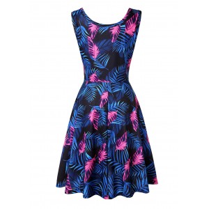 Blue Leaf Print Sleeveless Round Neck Dress