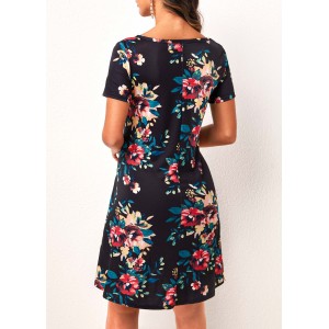 Pocket Floral Print Black Short Sleeve Dress