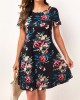 Pocket Floral Print Black Short Sleeve Dress