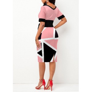 Tie Front Geometric Print Pink Short Sleeve Dress