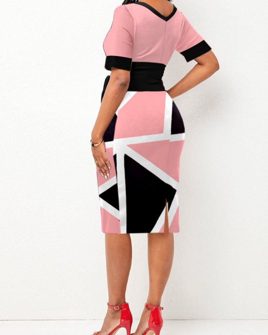 Tie Front Geometric Print Pink Short Sleeve Dress