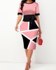 Tie Front Geometric Print Pink Short Sleeve Dress