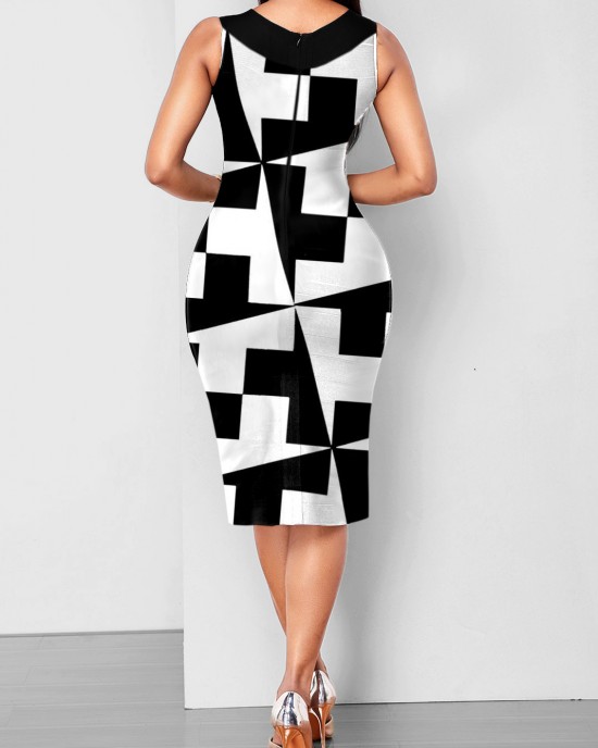 V Neck Geometric Print Sleeveless Dress