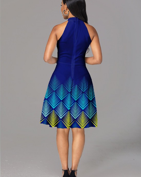 Geometric Print Bib Neck Sleeveless Dress