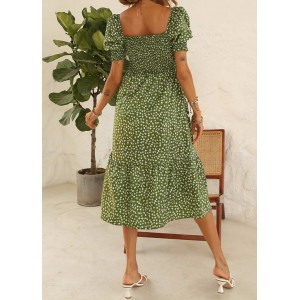 Puff Sleeve Smocked Printed Green Dress