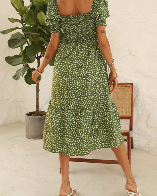 Puff Sleeve Smocked Printed Green Dress