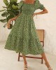 Puff Sleeve Smocked Printed Green Dress