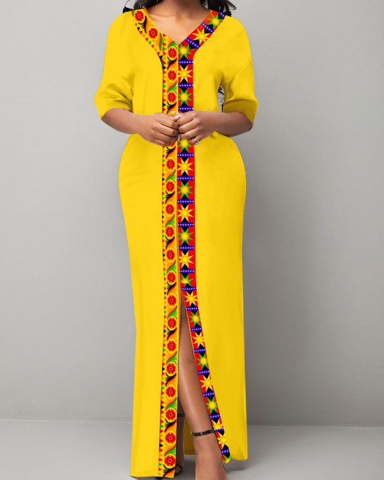 Tribal Print Front Slit Yellow Maxi Dress