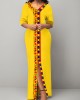 Tribal Print Front Slit Yellow Maxi Dress