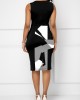 Geometric Print Round Black Neck Sleeveless Dress