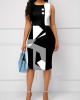 Geometric Print Round Black Neck Sleeveless Dress