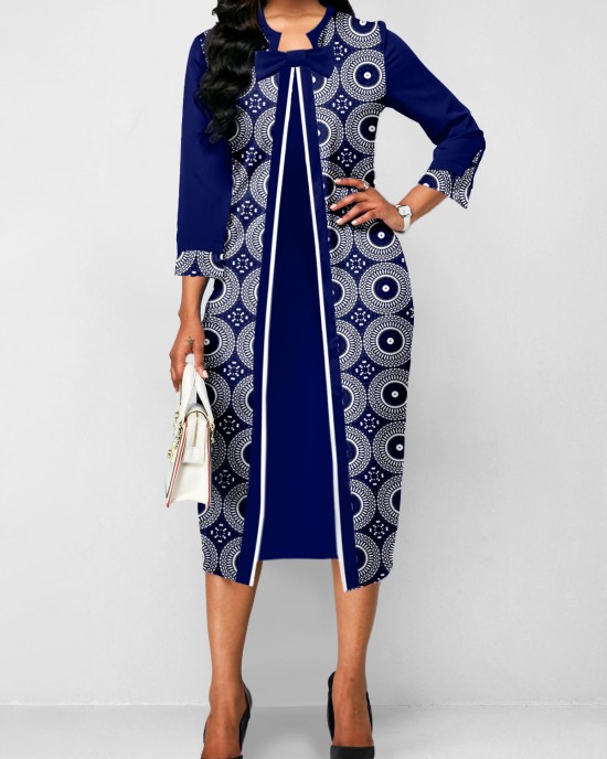 Tribal Print Fake 2in1 Navy Dress