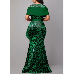 Floral Print Hot Stamping Green Maxi Dress