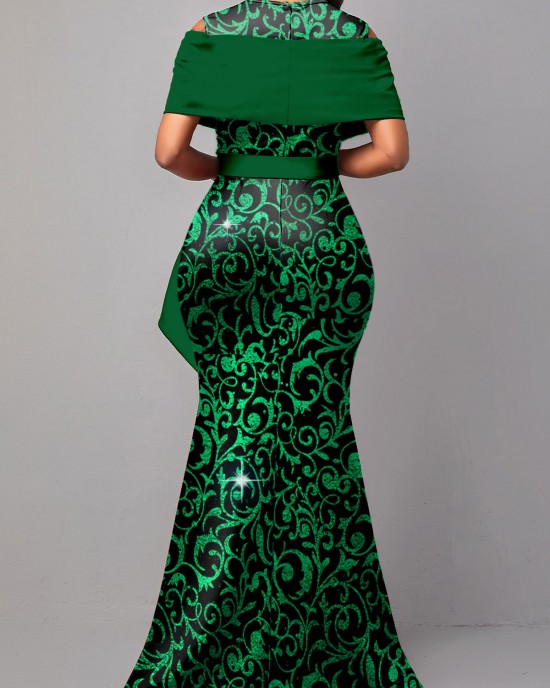 Floral Print Hot Stamping Green Maxi Dress