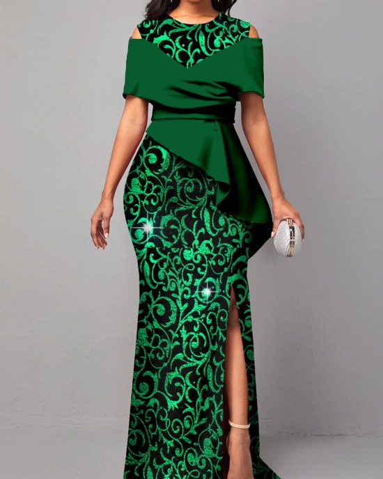 Floral Print Hot Stamping Green Maxi Dress