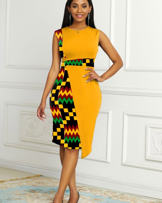 Contrast Round Neck Tribal Print Dress