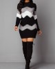 Mock Neck Long Sleeve Chevron Pattern Sweater Dress