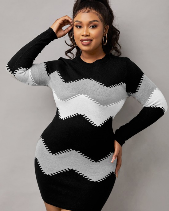 Mock Neck Long Sleeve Chevron Pattern Sweater Dress