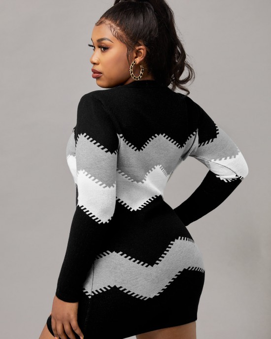 Mock Neck Long Sleeve Chevron Pattern Sweater Dress