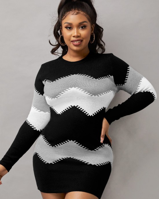 Mock Neck Long Sleeve Chevron Pattern Sweater Dress