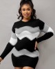 Mock Neck Long Sleeve Chevron Pattern Sweater Dress