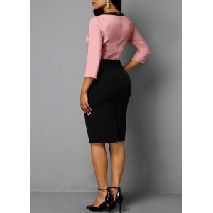 3/4 Sleeve Contrast Faux Two Piece Dress