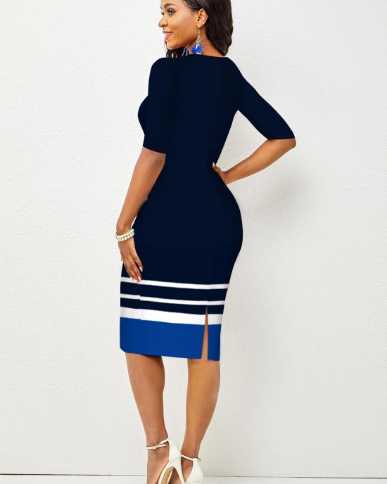 Stripe and Geometric Print Round Neck Bodycon Dress