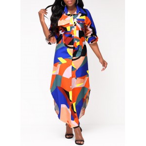 Geometric Print Button Up Long Sleeve Maxi Dress