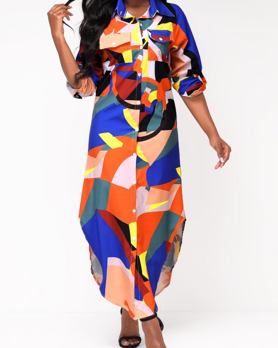 Geometric Print Button Up Long Sleeve Maxi Dress