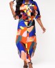 Geometric Print Button Up Long Sleeve Maxi Dress