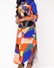 Geometric Print Button Up Long Sleeve Maxi Dress