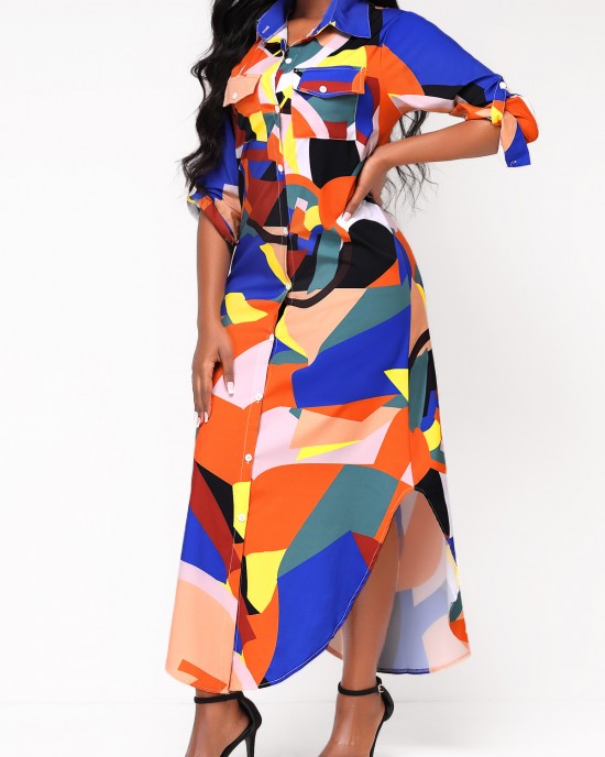 Geometric Print Button Up Long Sleeve Maxi Dress