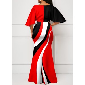 Geometric Print Red V Neck Maxi Dress