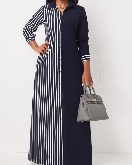 Striped Pocket H Shape Maxi Dress