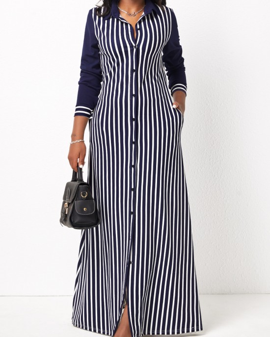 Striped Pocket H Shape Maxi Dress