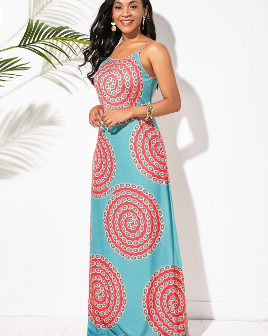 Blue Tribal Print Spaghetti Strap Dress