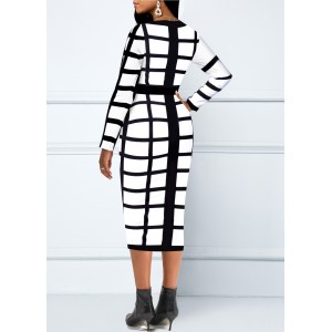 Zipper Closure Plaid Long Sleeve Black Dress