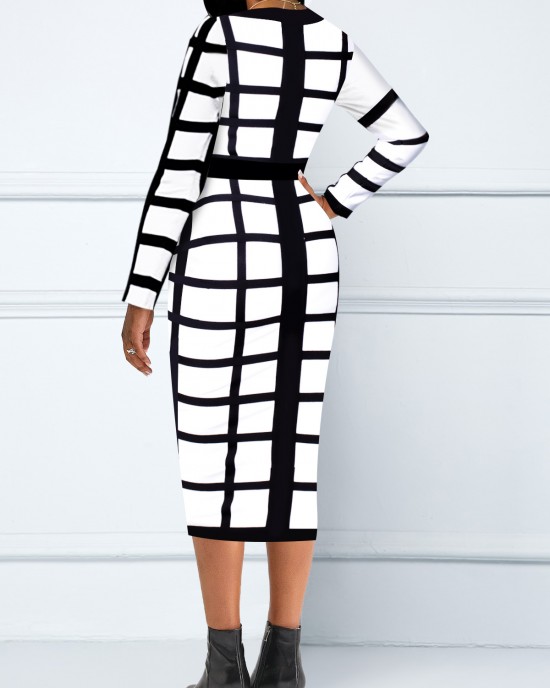 Zipper Closure Plaid Long Sleeve Black Dress