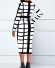 Zipper Closure Plaid Long Sleeve Black Dress